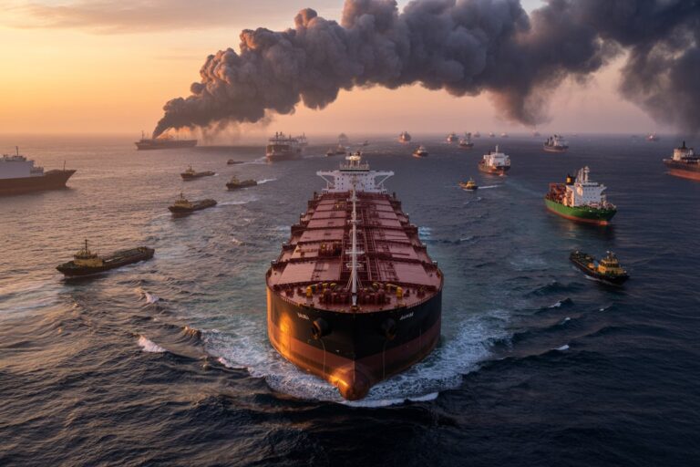 A large cargo ship dominates the foreground as a convoy of vessels sails at sunset, with a thick smoke plume rising in the distance.
