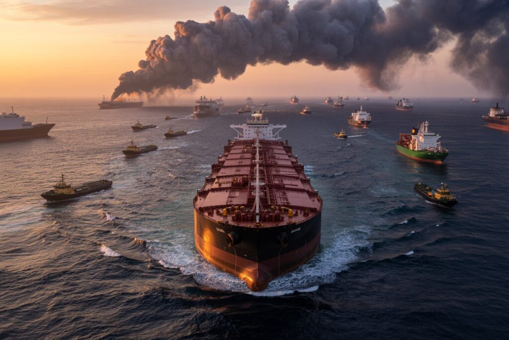 A large cargo ship leads a convoy of tugboats and vessels across the sea at sunset, with a distant plume of smoke from a burning ship on the horizon.