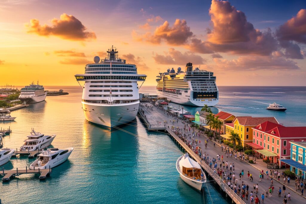 Cruise port at sunset with two large ships docked along a colorful waterfront promenade and crowds walking on the pier over turquoise water