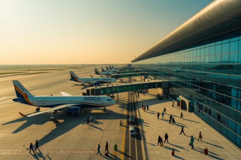 Jet bridge connected to Indigo airplane at gate; passengers walk on the sunlit tarmac at a modern airport terminal.