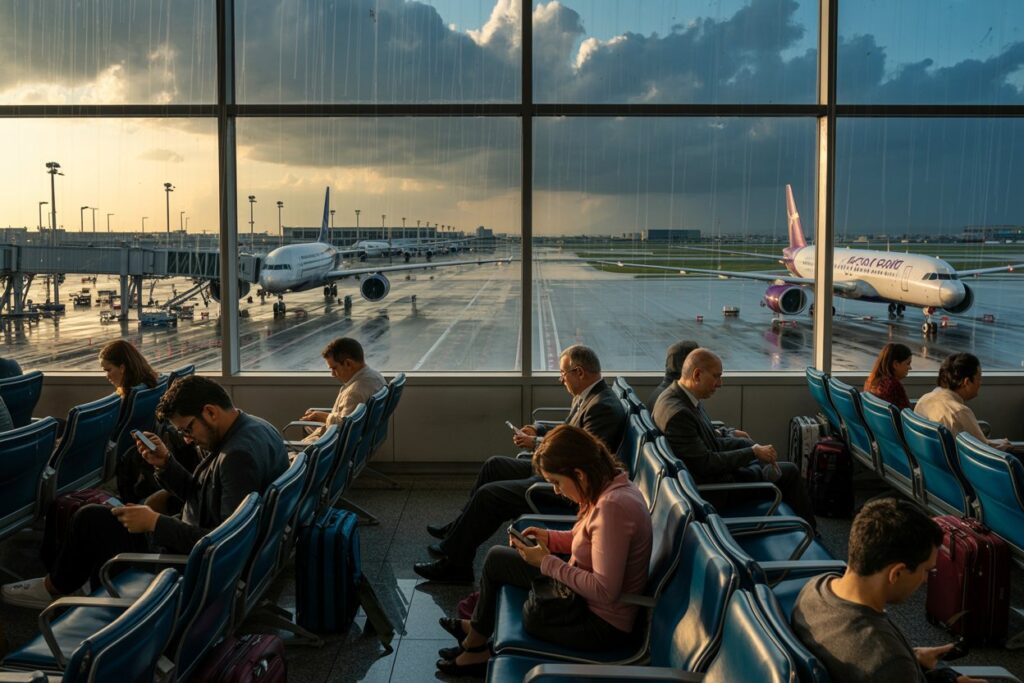 Passengers sit in a gate-area at the airport, many on phones, with suitcases nearby as planes sit on the rainy tarmac outside the large windows.