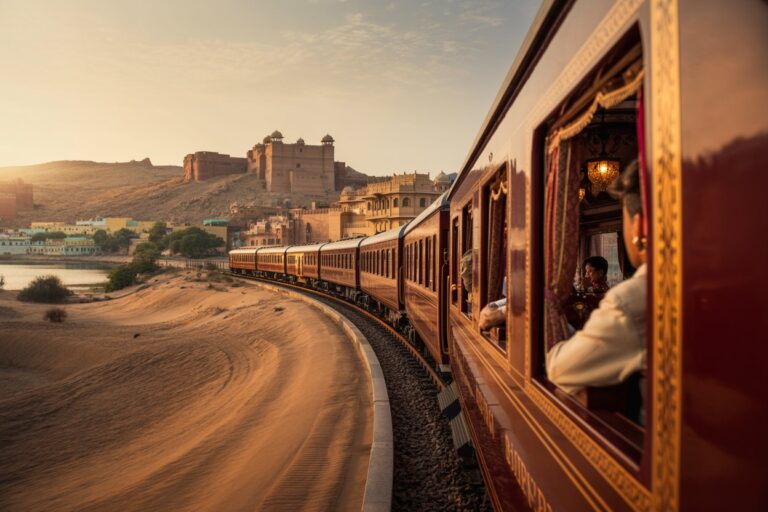 Passenger train curves along a sandy riverbank at sunset, with a historic fortress on a hill in the background.