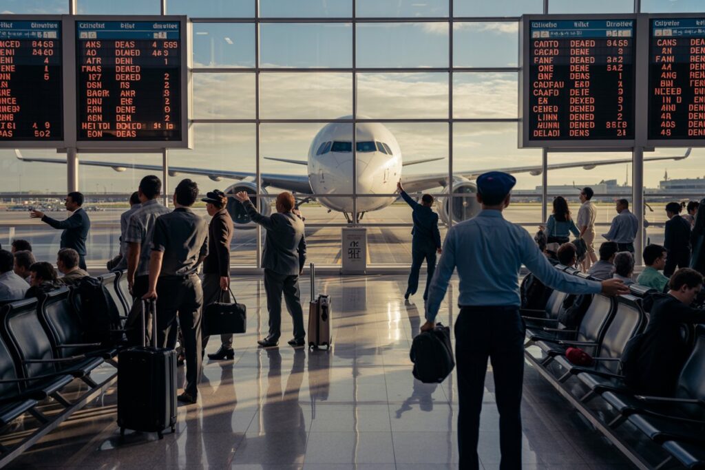 Passengers in an airport terminal with luggage watch a large jet parked at the gate, framed by overhead flight boards and glass walls.