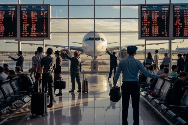 Passengers in an airport terminal with luggage watch a large jet parked at the gate, framed by overhead flight boards and glass walls.