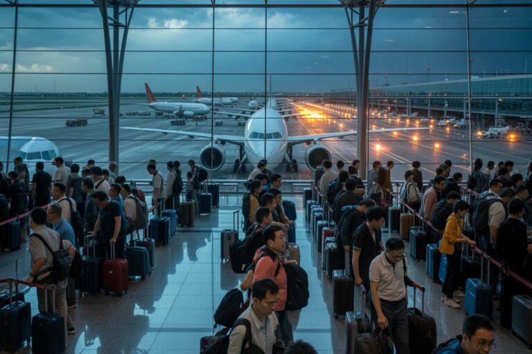 Crowded airport terminal with travelers lined up at check-in with suitcases, aircraft on the tarmac outside the glass wall.