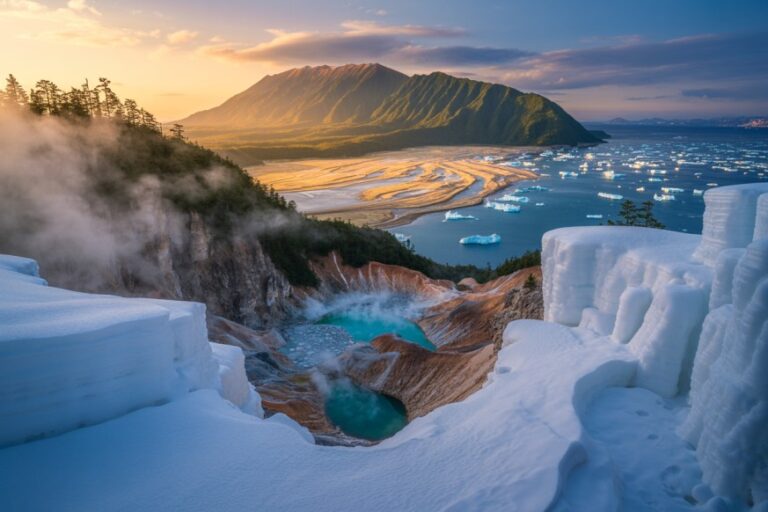 Snowy ice terraces with turquoise pools and rising steam, overlooking a coastline at sunset.