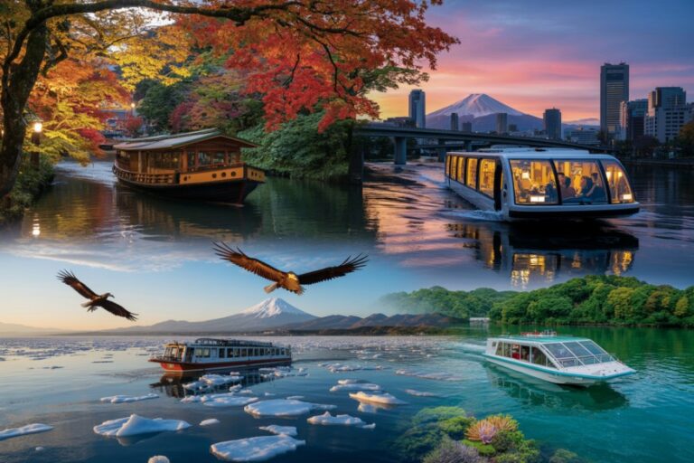 Collage of a Japanese river with autumn trees, a traditional wooden boat, a glass-roof cruise boat, a bridge, and Mt. Fuji in the distance.