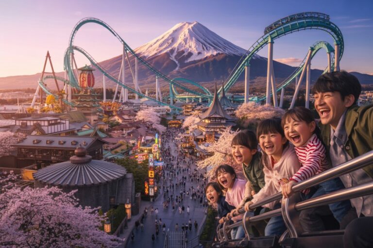 A smiling family of five on a roller-coaster ride, with Mt. Fuji, cherry blossoms, and a temple-like park below.