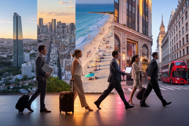 Montage of professionals with rolling suitcases walking through four urban scenes: city skyline, beach, ornate downtown street, and a red double-decker bus in traffic.
