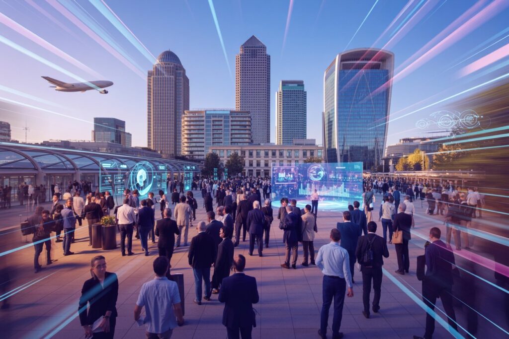 Crowd of professionals at a futuristic outdoor tech conference in a city plaza with holographic displays.