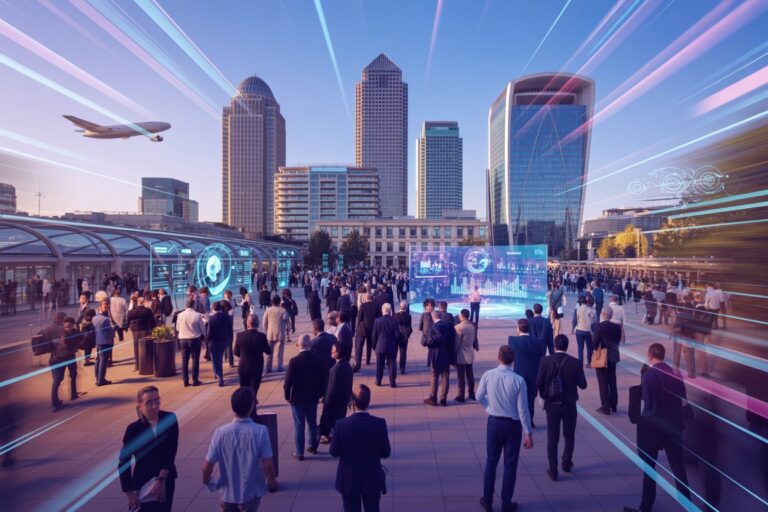 Crowd of professionals at a futuristic outdoor tech conference in a city plaza with holographic displays.