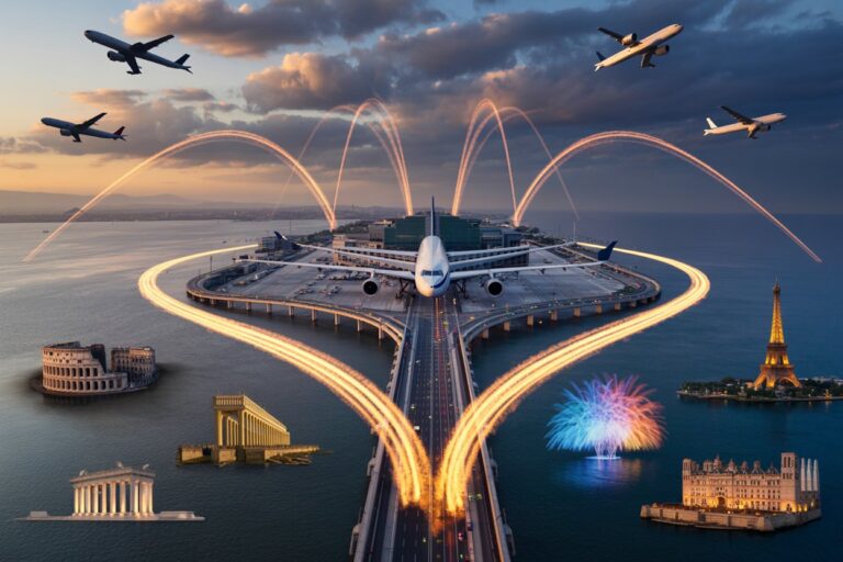 Airplane arches creating heart-shaped light trails over a long bridge connecting islands with famous landmarks visible nearby, at sunset and fireworks backdrop.