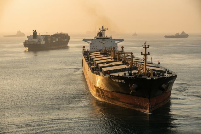 Large cargo ship approaching the camera in a golden sunset with container ships visible in the hazy distance.