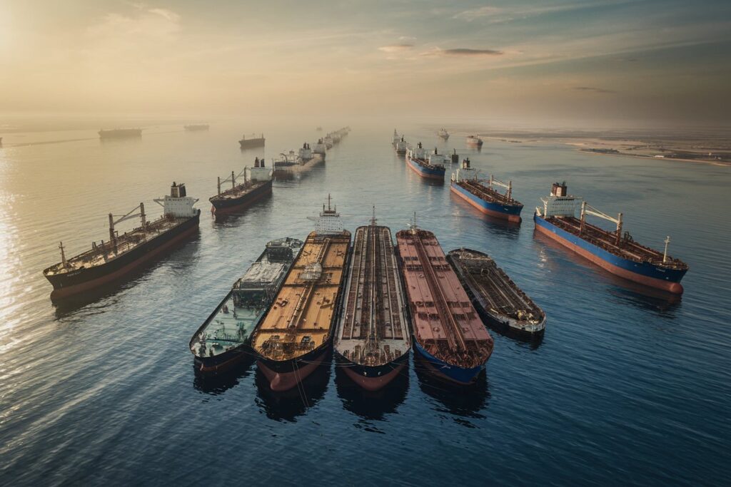 Fleet of cargo ships anchored in calm sea at sunset, with warm light and distant horizon on the left.