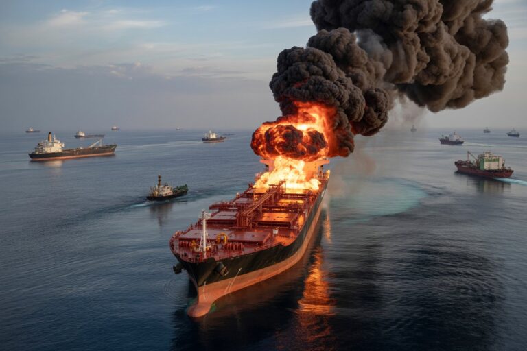 Oil tanker on fire with thick black smoke and bright flames, surrounded by escort ships on calm sea.
