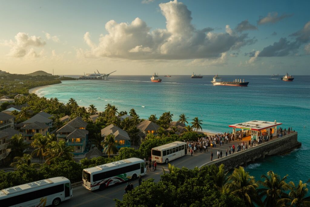Crowded tropical jetty along turquoise water with palm-lined villas and tour buses waiting to board nearby boats and ships offshore, under a partly cloudy sky.