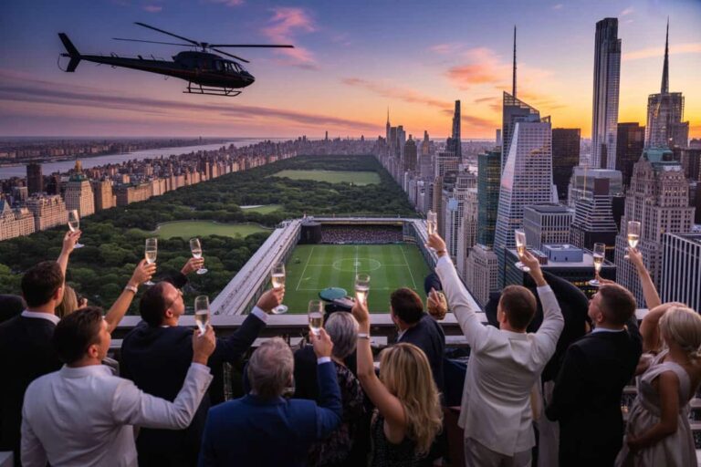 Group of people on a rooftop terrace toasting with champagne as a helicopter flies by over a city skyline, park, and football stadium at sunset.
