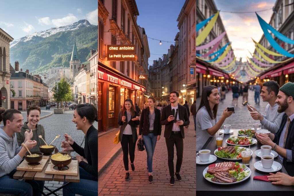 Friends sharing a meal at an outdoor cafe with mountains in the background (collage). --or-- Four friends strolling along a lit European street after sunset. --or-- Group of friends dining at a long outdoor table with colorful street banners. --or-- A collage showing friends dining and socializing in mountain town, evening street, and sidewalk cafe.