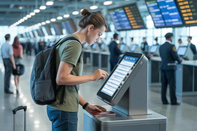 Traveler using an airport self-service check-in kiosk, with a backpack and rolling suitcase nearby.