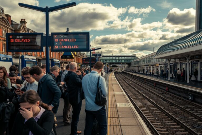 Crowded train platform with digital boards showing DELAYED and CANCELLED trains; tracks curve to the right under a cloudy sky.