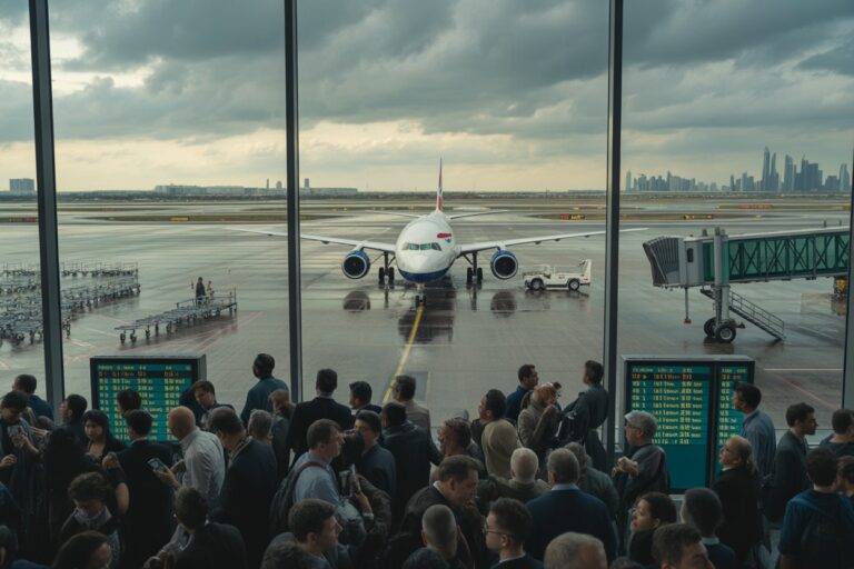 Crowded airport terminal with a white airplane at the gate seen through the windows; passengers wait near boarding gates.