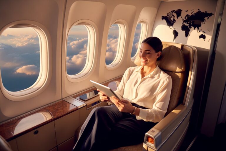 Business traveler relaxing in a premium airplane seat, reading a tablet by the window as sunlight fills the cabin.