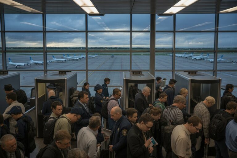 Crowded airport security checkpoint with travelers lining up to pass through scanners, outside view of parked airplanes through large glass windows.