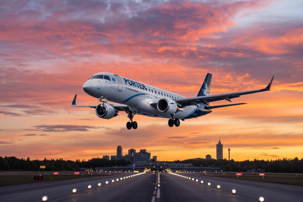 Porter Airlines jet descending toward a runway at sunset with city skyline in the distance.