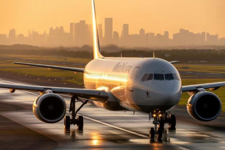 Front view of a white American Airlines jet taxiing on a wet runway at sunset, with a distant city skyline in warm light.