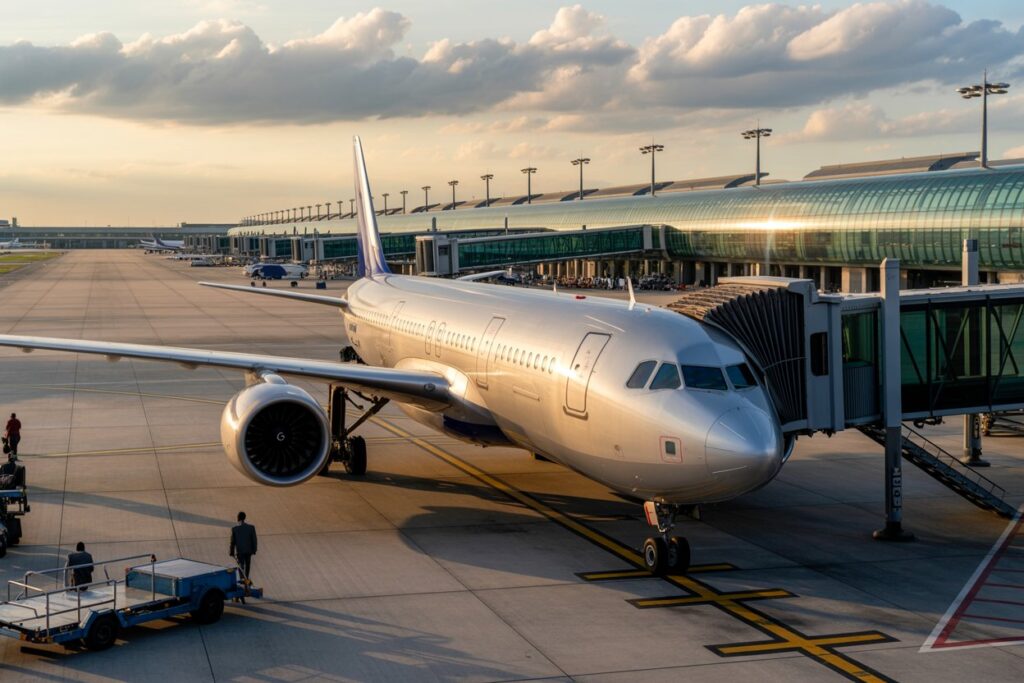 Airline passenger jet parked at a gate, connected to a jet bridge with ground crew and luggage cart nearby at sunset.