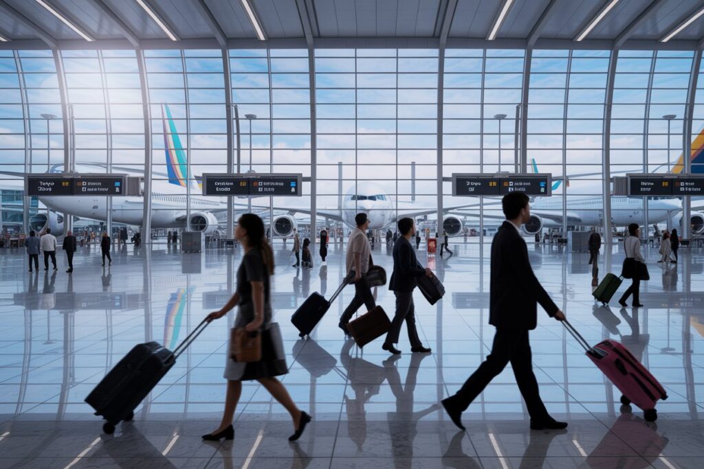 Travelers with rolling suitcases walk through a bright, glass-walled airport terminal with planes visible outside the windows.