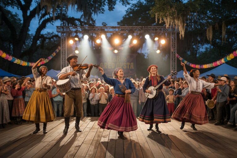 Folk musicians and dancers perform on an outdoor wooden stage at dusk, with a cheering crowd and string lights overhead.