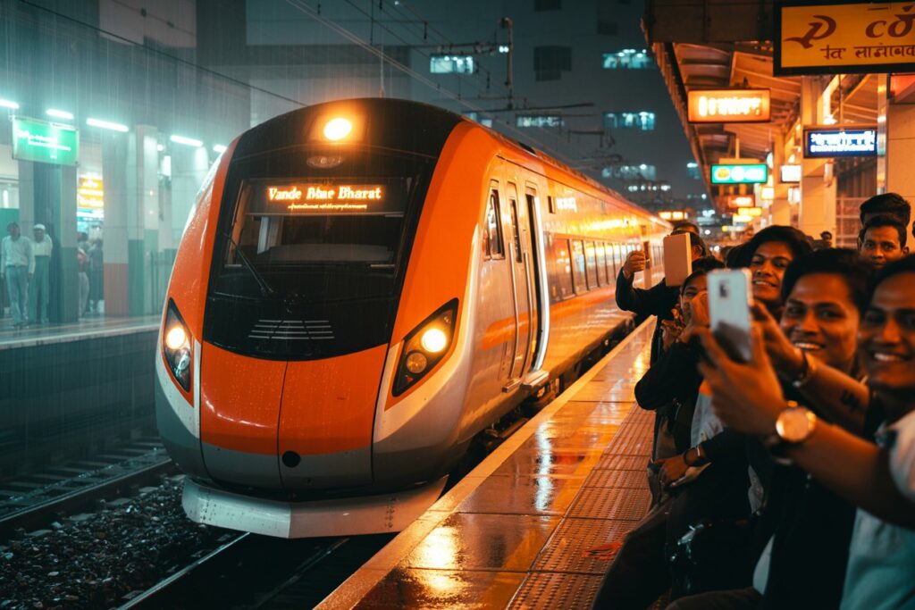 Orange Vande Bharat train on a wet platform at night, passengers at the edge taking selfies with phones nearby.