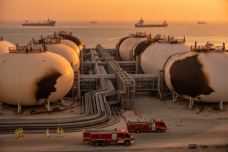 Large spherical storage tanks and a network of pipes at an industrial facility during sunset; firefighters stand nearby.