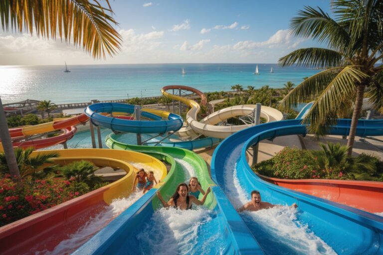 Colorful multi-lane water slides at a tropical seaside water park, with people splashing in the foreground and the blue ocean stretching to the horizon.