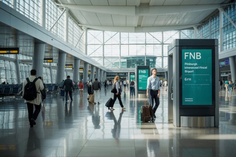 Traveler pulls a brown rolling suitcase through a bright, spacious airport terminal with glass walls and teal FNB signage nearby.