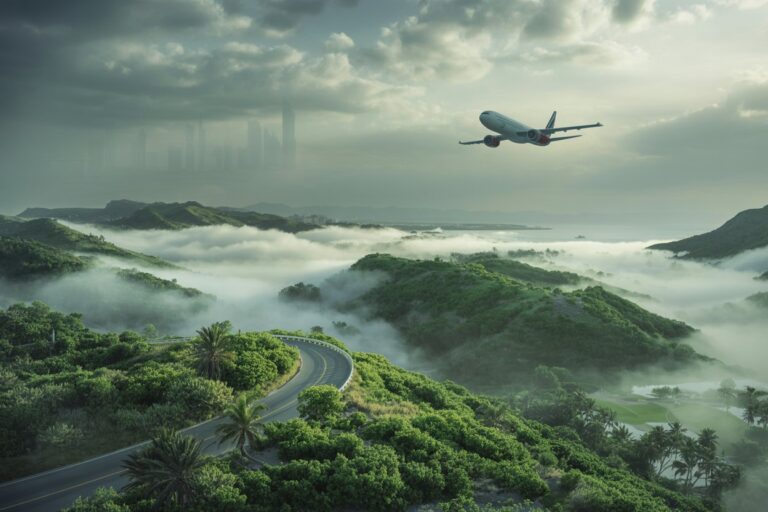 Airplane flying above a winding road through lush green hills with low-lying fog and a distant city skyline barely visible through clouds