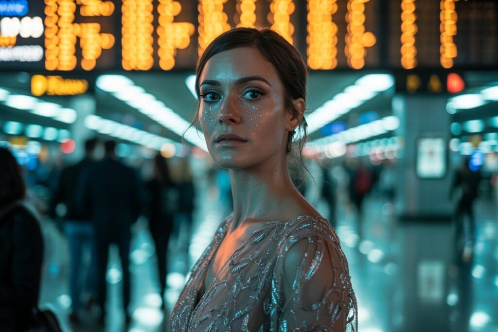 Young woman with glitter on her cheeks and a shimmering dress stands in a busy, neon-lit train station/concourse.