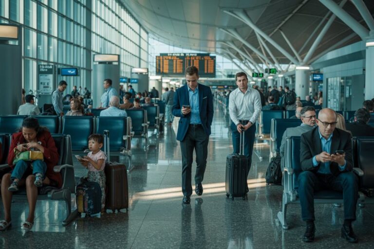 Busy airport terminal with travelers seated; a man in a blue suit checks his phone while another man with a suitcase stands nearby.