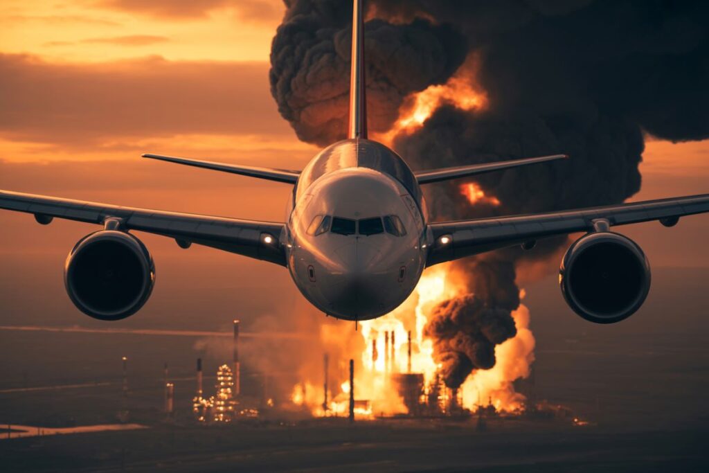 Front view of a passenger jet flying toward the camera with a fiery industrial site and dark smoke plume in the sunset behind it.