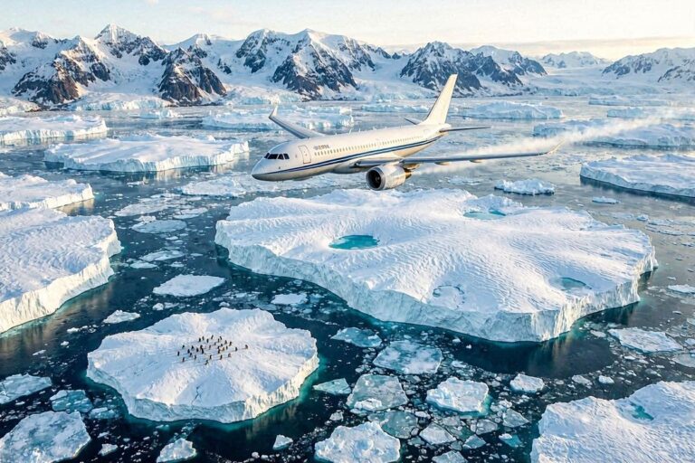Airplane flying over a frozen seascape with ice floes; a small iceberg in the foreground hosts a colony of penguins.