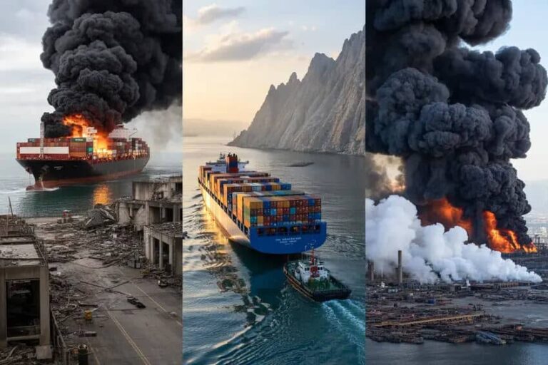 Triple-panel collage of maritime disasters: a container ship burning near a dock with smoke rising, a blue container ship sailing by jagged cliffs, and a large industrial fire with thick black smoke.