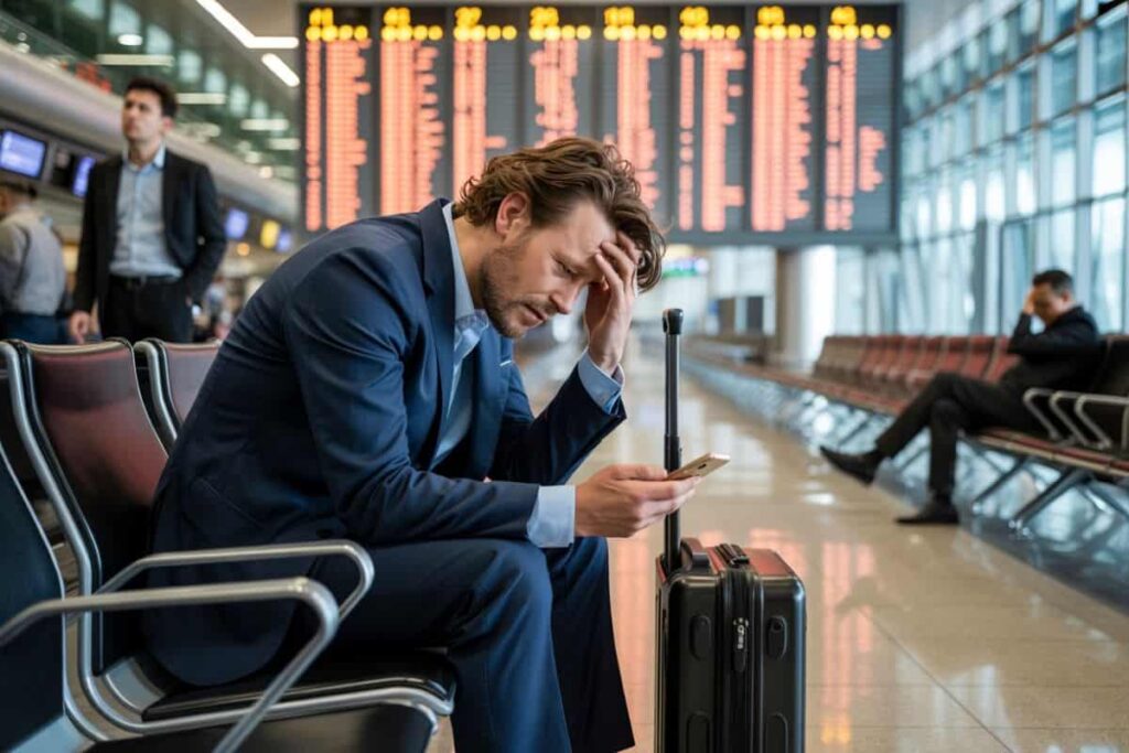 An anxious businessman in a blue suit sits at an airport gate, head in hand, looking at his phone.