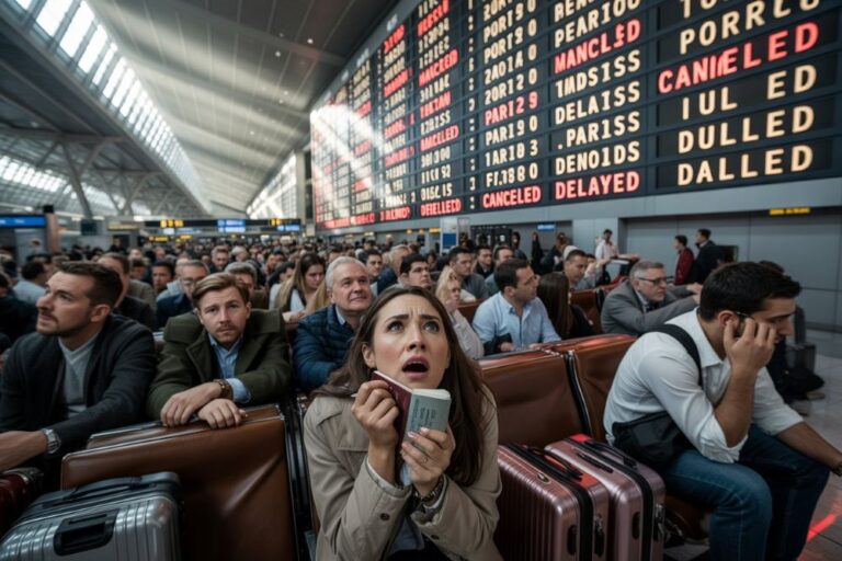 Crowded airport terminal with a large flight board; a frightened woman in the foreground holds a passport and ticket.