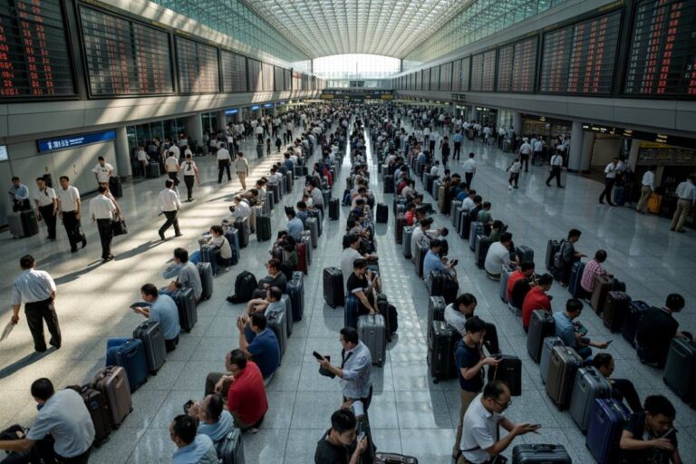 Bustling airport terminal with travelers seated in long rows of suitcases and bags, using phones and backpacks nearby.