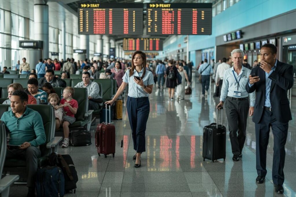 Busy airport terminal with passengers seated and walking; a woman in a light blue blouse pulls a red suitcase and checks her phone while two men with rolling luggage pass by.