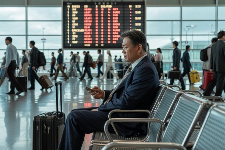 Man in a dark suit sits in an airport departure lounge, looking at his phone with a rolling suitcase beside him.