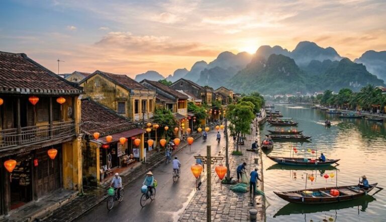 Riverside street of a yellow-town with lanterns, bicycles, and boats on a calm river at sunset, mountains in the background.