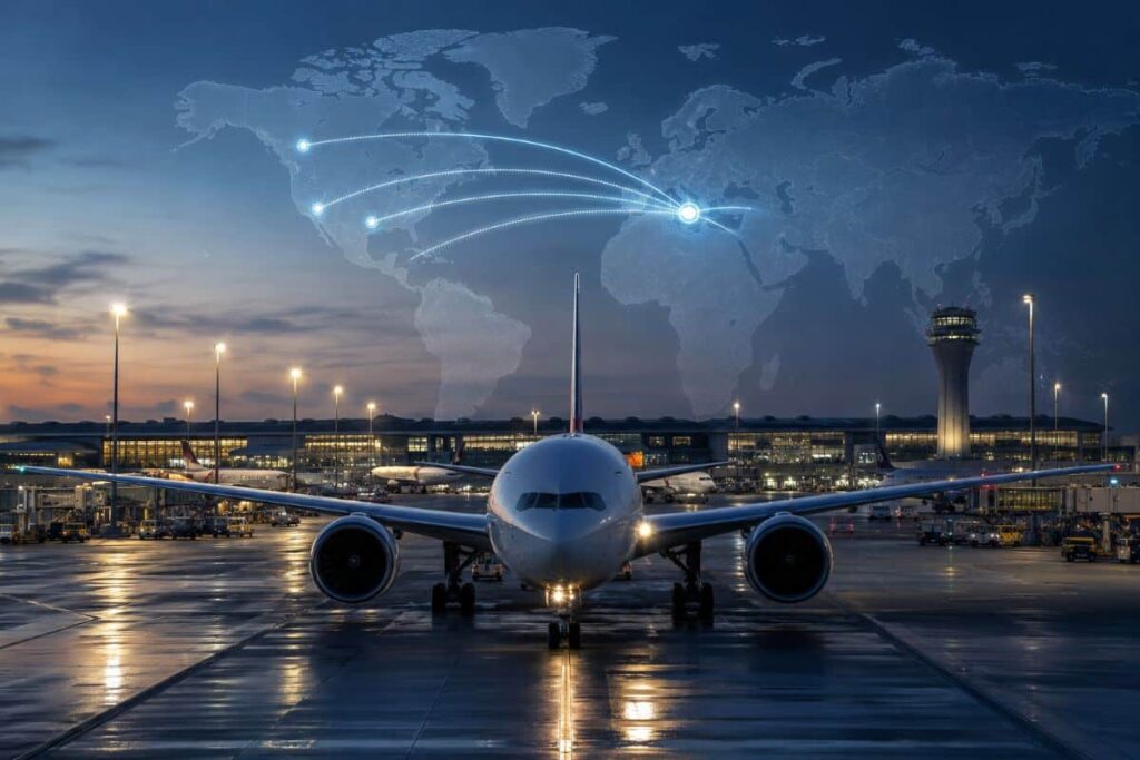 Front view of a passenger airplane on a runway at dusk, with a world map and glowing connection lines overhead.