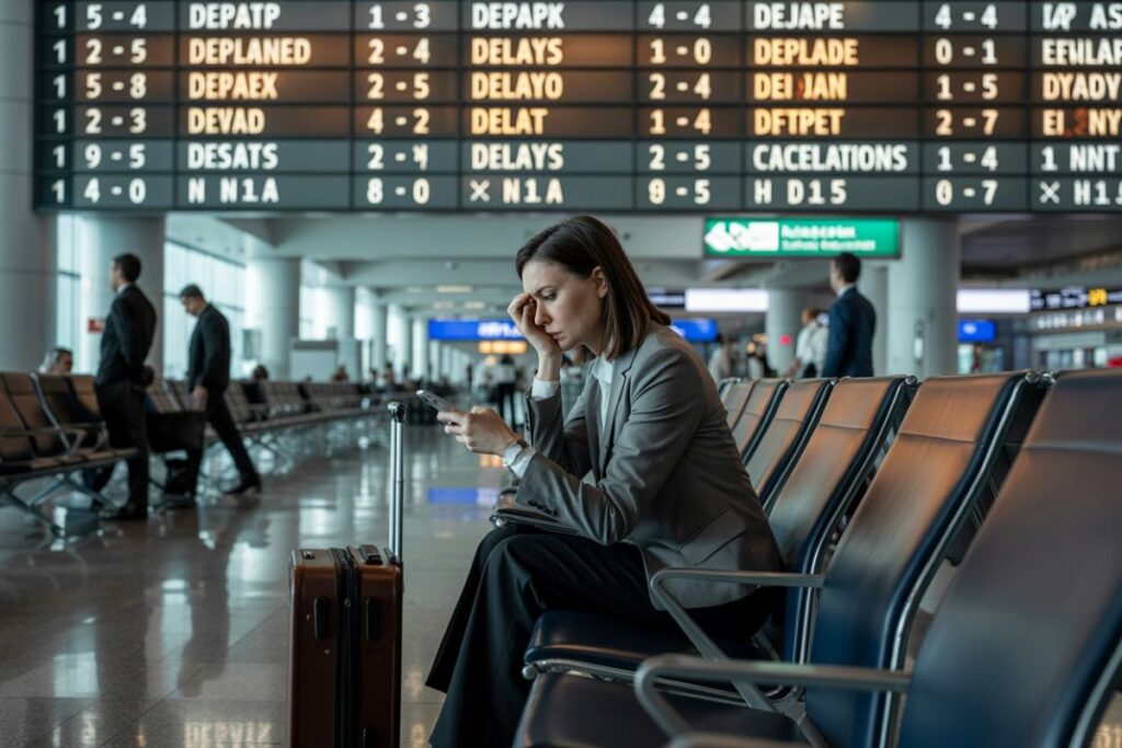 Business traveler in a gray blazer sits in an airport lounge, staring at her phone with a suitcase beside her as flight boards loom overhead.